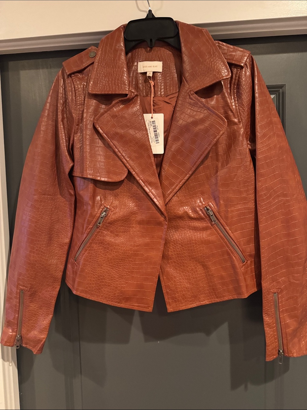 Skies Are Blue Croc-Embossed Faux Leather Moto Jacket in Cognac